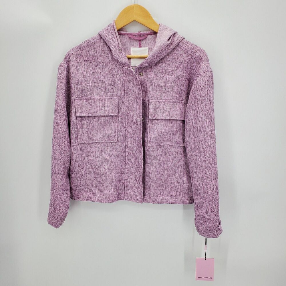 New Avec Les Filles Womens Hooded Jacket Woven Lilac Purple Size Medium Shacket